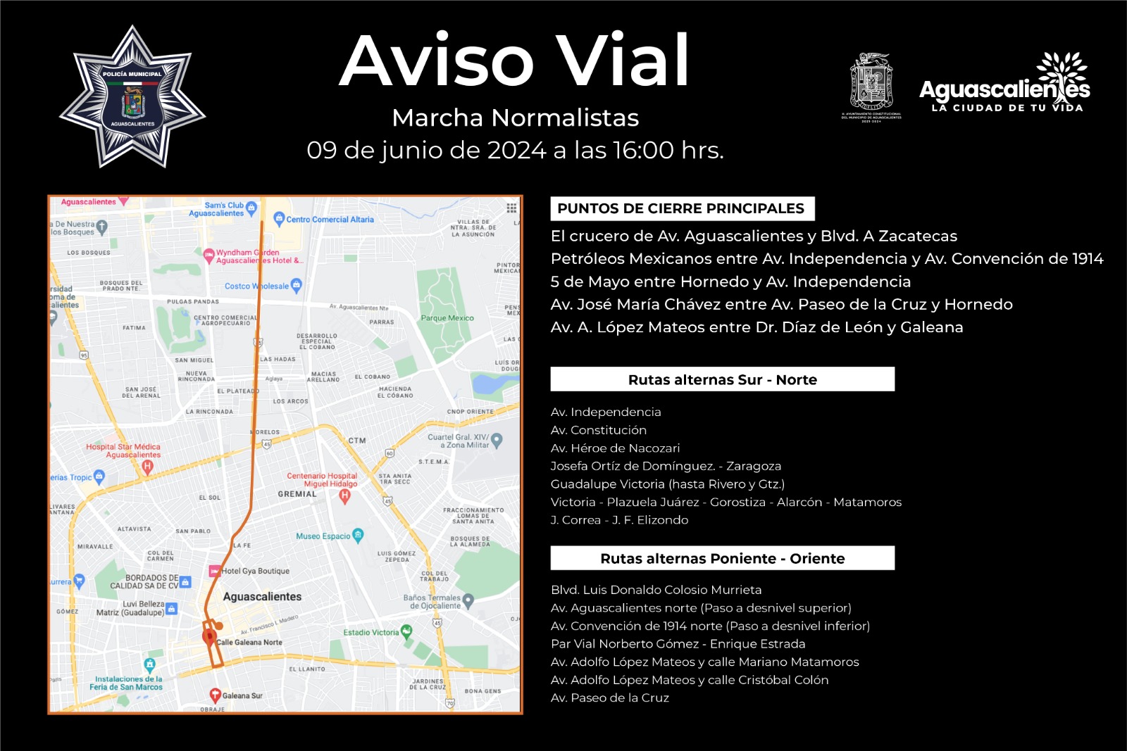 AVISO VIAL: CIERRES VIALES EL PRÓXIMO DOMINGO POR MARCHA DE NORMALISTAS