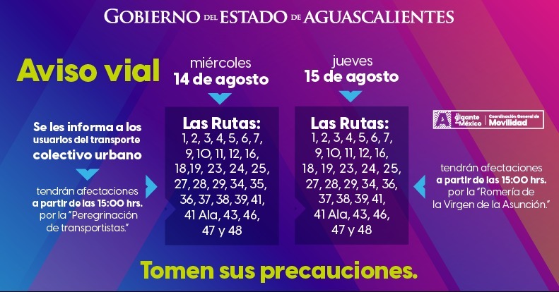 MODIFICACIONES EN RUTAS DE TRANSPORTE PÚBLICO POR FESTEJOS DEL QUINCENARIO DE LA VIRGEN DE LA ASUNCIÓN